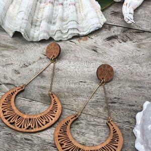 Wooden carved earrings boho style